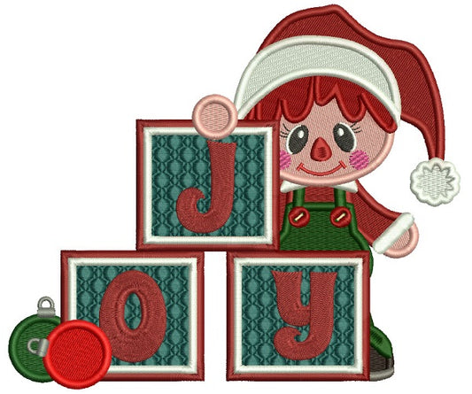 JOY Little Boy With Blocks Filled Christmas Machine Embroidery Design Digitized Pattern
