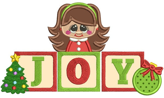 JOY Little Girl With Word Blocks And Christmas Tree Applique Machine Embroidery Design Digitized Pattern