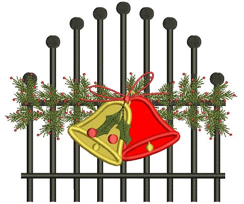 Jingle Bells on a Gate Christmas Applique Machine Embroidery Design Digitized Pattern