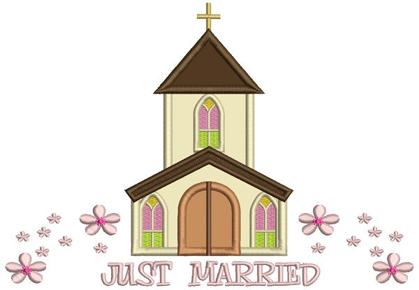 Just Married Church With Flowers Religious Applique Machine Embroidery Design Digitized Pattern