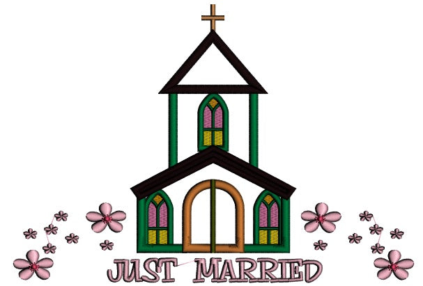 Just Married Church With Flowers Religious Applique Machine Embroidery Design Digitized Pattern