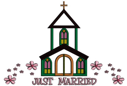 Just Married Church With Flowers Religious Applique Machine Embroidery Design Digitized Pattern