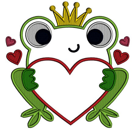King Frog Holding Big Heart Applique Machine Embroidery Design Digitized Pattern