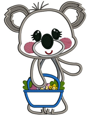 Koala Holding Basket With Flowers Applique Machine Embroidery Digitized Design Pattern