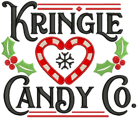 Kringle Candy Co. Heart Shaped Candy Cane Christmas Applique Machine Embroidery Design Digitized Pattern