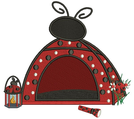 Ladybug Camping Tent With a Lantern Filled Machine Embroidery Design Digitized Pattern