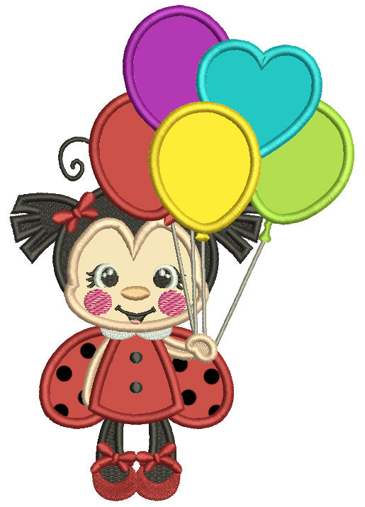 Ladybug Holding Balloons Applique Machine Embroidery Design Digitized Pattern
