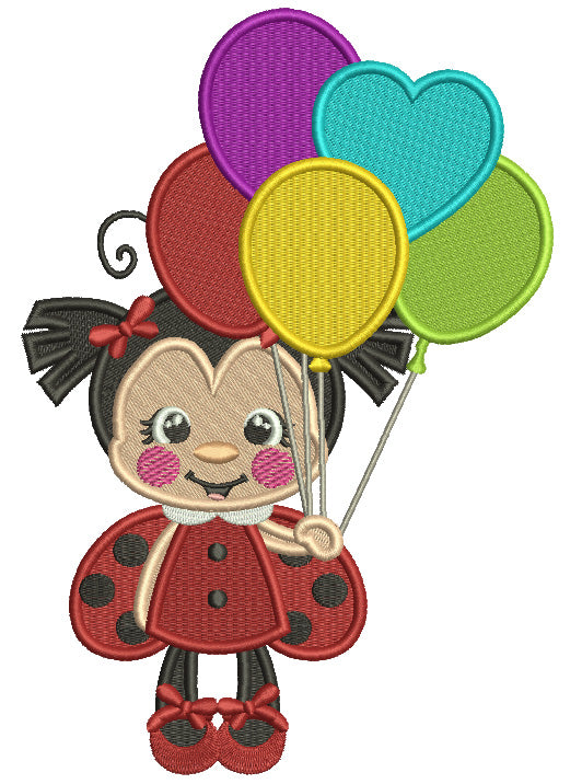 Ladybug Holding Balloons Filled Machine Embroidery Design Digitized Pattern