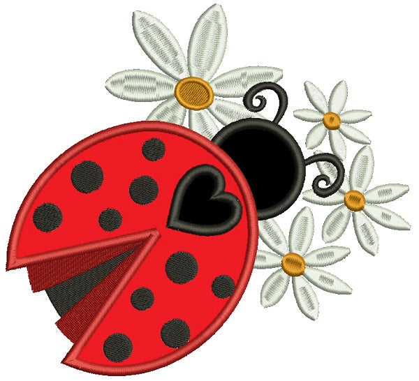 Flower with Ladybug Applique Machine Embroidery, Sweet Stitch Design