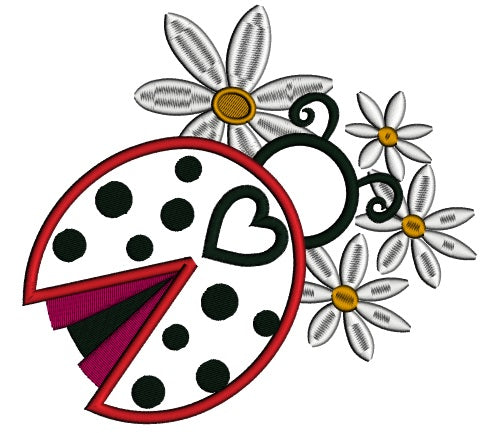 Ladybug With Flowers Applique Machine Embroidery Design Digitized Pattern