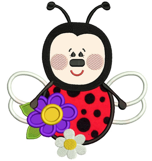Ladybug With a Big Flower Applique Machine Embroidery Design Digitized Pattern