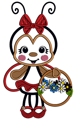 Ladybug a Flower Basket And a Bow Applique Machine Embroidery Design Digitized Pattern