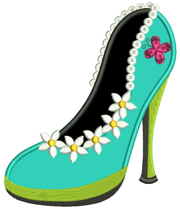 Lady's Shoe With Pretty Flowers Applique Machine Embroidery Design Digitized Pattern