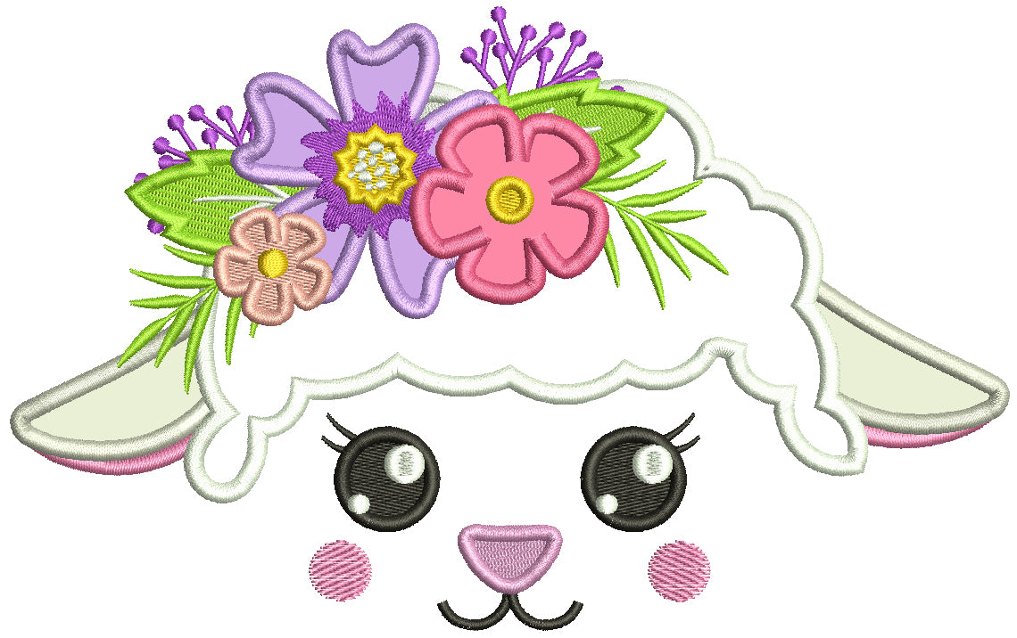 Lamb Head With Flowers Easter Applique Machine Embroidery Design Digitized Pattern