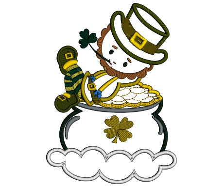 Leprechaun In a Pot of Gold Irish St Patrick's Day Applique Machine Embroidery Design Digitized Pattern