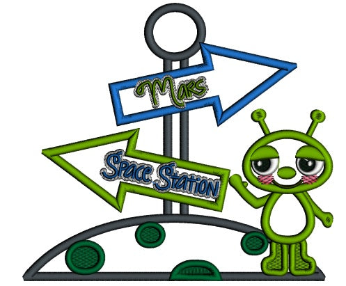 Little Alien Mars Space Station Applique Machine Embroidery Design Digitized Pattern