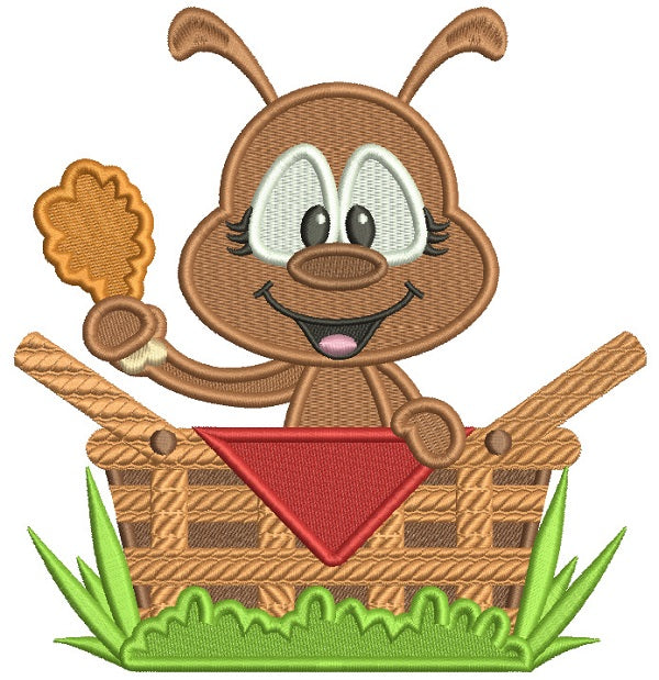 Little Ant Sitting Inside Picnic Basket Filled Machine Embroidery Digitized Design Pattern