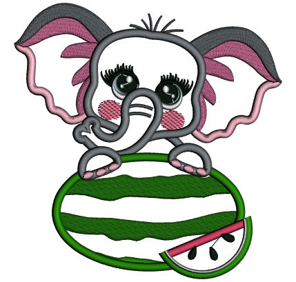Little Baby Elephant Holding Watermelon Applique Machine Embroidery Digitized Design Pattern