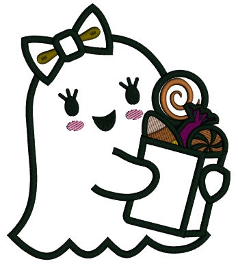 Little Baby Ghost Trick Or Treating Halloween Applique Machine Embroidery Design Digitized Pattern
