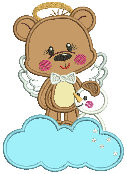 Little Bear ANgel On The Cloud With a Snowman Applique Christmas Machine Embroidery Design Digitized Pattern