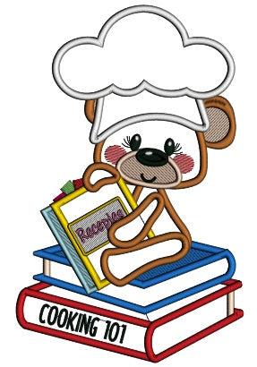 Little Bear Cook Sitting On The Recipe Book Applique Machine Embroidery Design Digitized Pattern