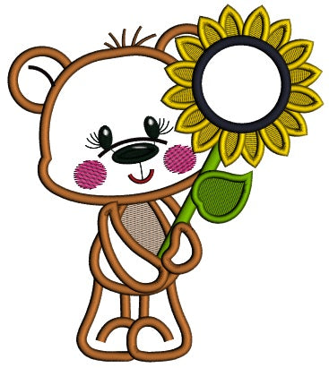 Little Bear Girl Holding Sunflower Thanksgiving Applique Machine Embroidery Design Digitized Pattern
