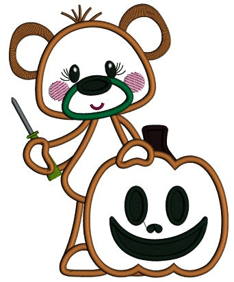 Little Bear Holding Screwdriver With a Pumpkin Applique Machine Embroidery Design Digitized Pattern