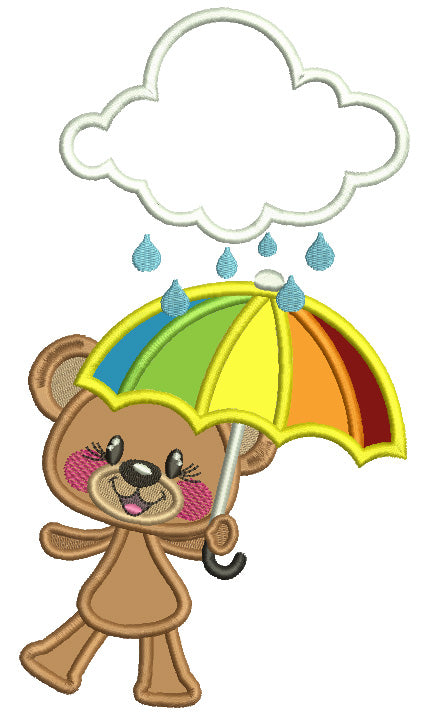 Little Bear Holding Umbrella And Rain From a Big Cloud Applique Machine Embroidery Design Digitized Pattern