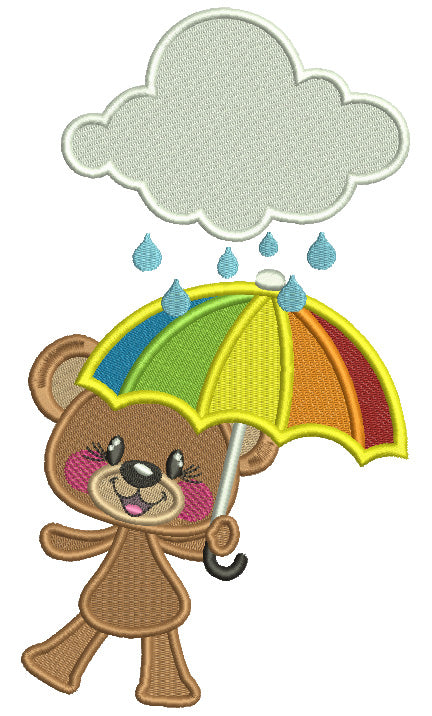 Little Bear Holding Umbrella And Rain From a Big Cloud Filled Machine Embroidery Design Digitized Pattern