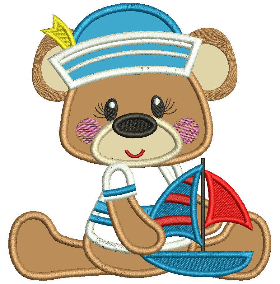 Little Bear Playing With Sailboat Marine Applique Machine Embroidery Design Digitized Pattern