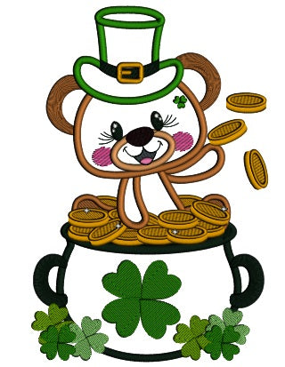 Little Bear Sitting In The Pot Full Of Gold St. Patrick's Applique Machine Embroidery Design Digitized Pattern