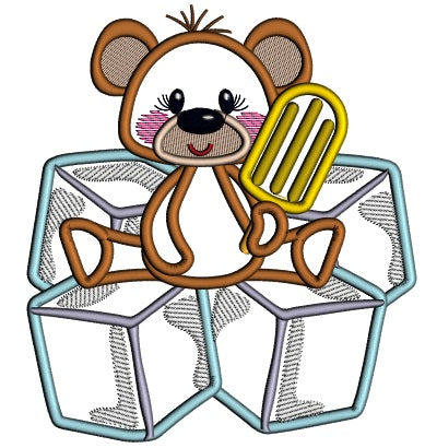 Little Bear Sitting On Cubes Applique Machine Embroidery Digitized Design Pattern