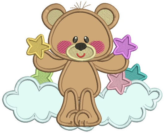 Little Bear Sitting On The Cloud Holding Stars Applique Machine Embroidery Design Digitized Pattern