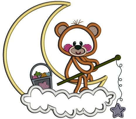 Little Bear Sitting On The Moon Applique Machine Embroidery Design Digitized Pattern