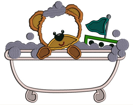 Little Bear Taking a Bath Applique Machine Embroidery Design Digitized Pattern