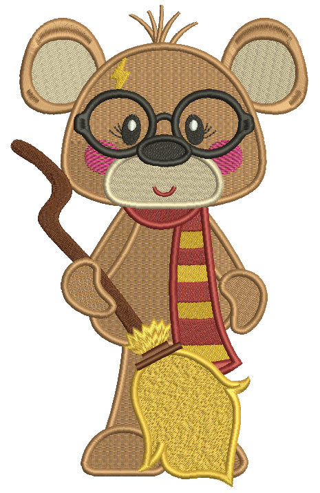 Little Bear With a Broom Dressed in Harry Potter Costume Filled Machine Embroidery Design Digitized