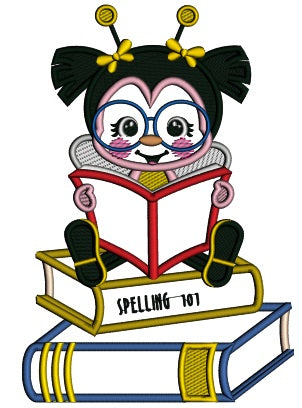 Little Bee Wearing Glasses Reading Book School Applique Machine Embroidery Design Digitized Pattern