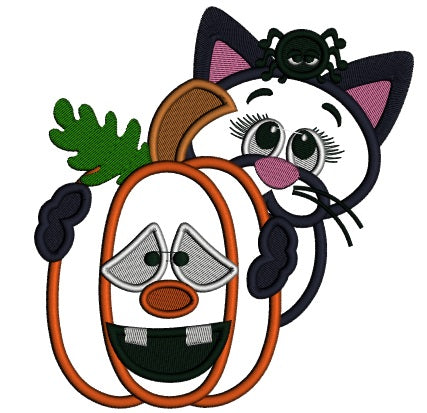 Little Black Cat Hugging Pumpkin Halloween Applique Machine Embroidery Design Digitized Pattern