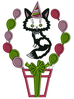 Little Black Cat Wearing a Birthday Hat Applique Machine Embroidery Digitized Design Pattern