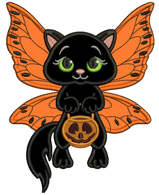 Little Black Kitten Fairy Halloween Applique Machine Embroidery Design Digitized Pattern