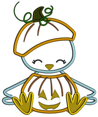 Little Blue Bird Wearing Pumpkin Costume Halloween Applique Machine Embroidery Design Digitized Pattern