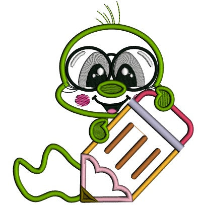 Little Book Worm Holding a Pencil School Applique Machine Embroidery Design Digitized Pattern