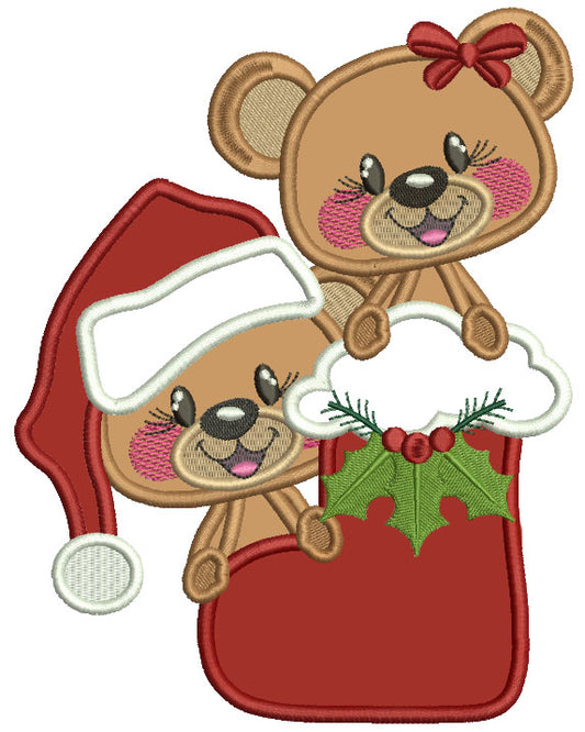 Little Boy And Girl Bear Sitting Inside Santa's Boot Applique Christmas Machine Embroidery Design Digitized Pattern