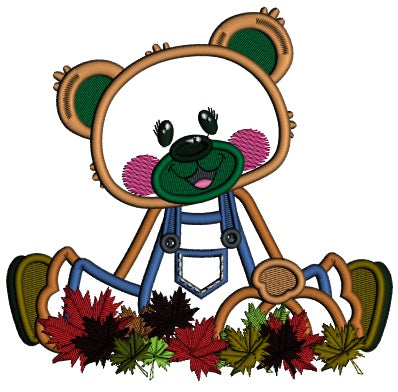Little Boy Bear Farmer Sitting With a Pumpkin And Fall Leaves Thankgiving Applique Machine Embroidery Design Digitized Pattern