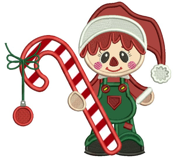Little Boy Holding Big Candy Cane Wearing Santa Hat Applique Machine Embroidery Design Digitized Pattern