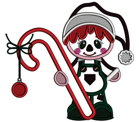 Little Boy Holding Big Candy Cane Wearing Santa Hat Applique Machine Embroidery Design Digitized Pattern