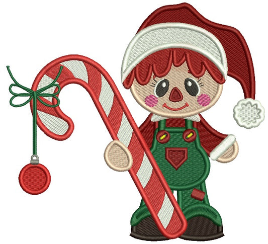 Little Boy Holding Big Candy Cane Wearing Santa Hat Filled Machine Embroidery Design Digitized Pattern