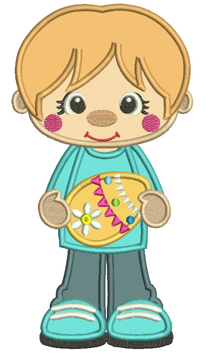 Little Boy Holding Easter Egg Applique Machine Embroidery Design Digitized