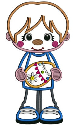 Little Boy Holding Easter Egg Applique Machine Embroidery Design Digitized