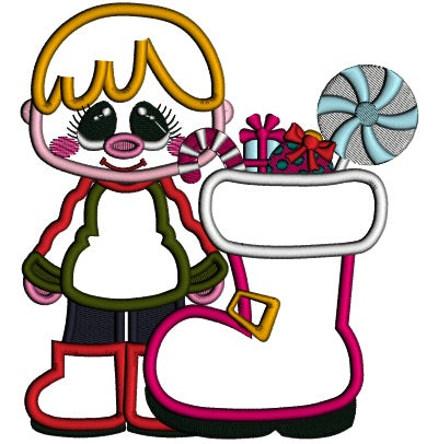 Little Boy Standing Next To Santa's Boot With Presents Applique Christmas Machine Embroidery Design Digitized Pattern